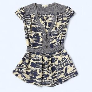 Anthropologie Silk Babydoll Top Short Sleeve Blue Cream Size 8 Medium Tie Waist